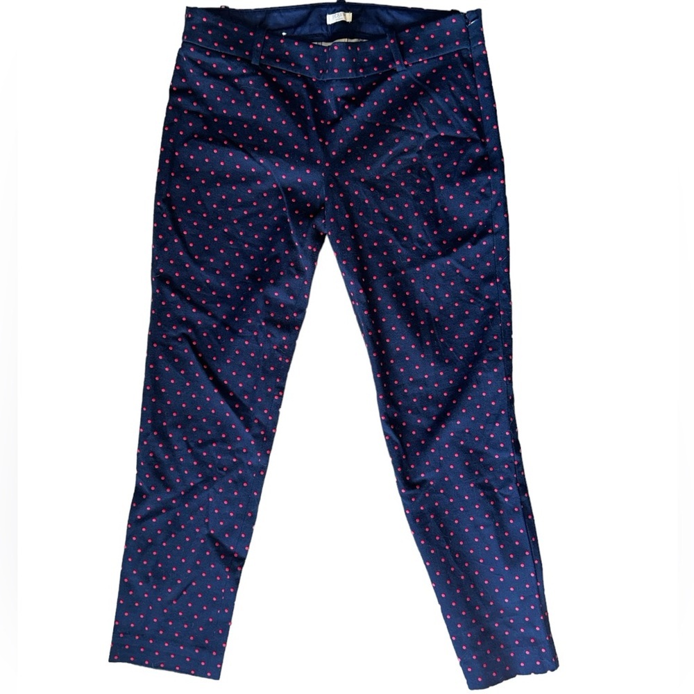 J. Crew navy w/ pink polka dots stretch ankle pants.
